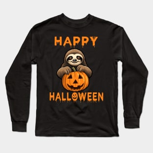 Funny Cute Sloth Holding Pumpkin Lazy Easy Halloween Costume Long Sleeve T-Shirt